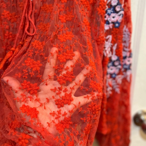 Free People Embroidered Orange Lace Blouse Sheer Boho Floral Hippie Festival - Picture 12 of 15